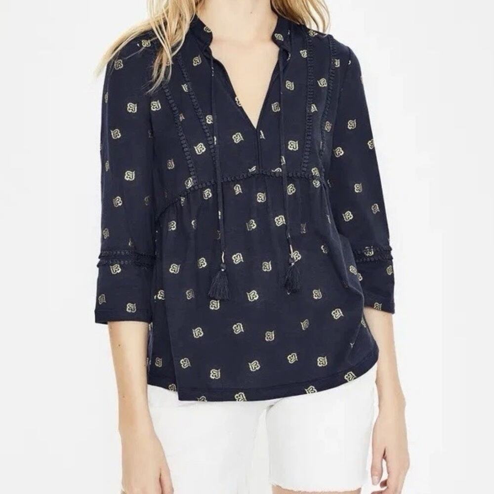 Boden Gemma Top US 4R UK 8R Navy Blue Gold Print Jersey Knit Blouse Career